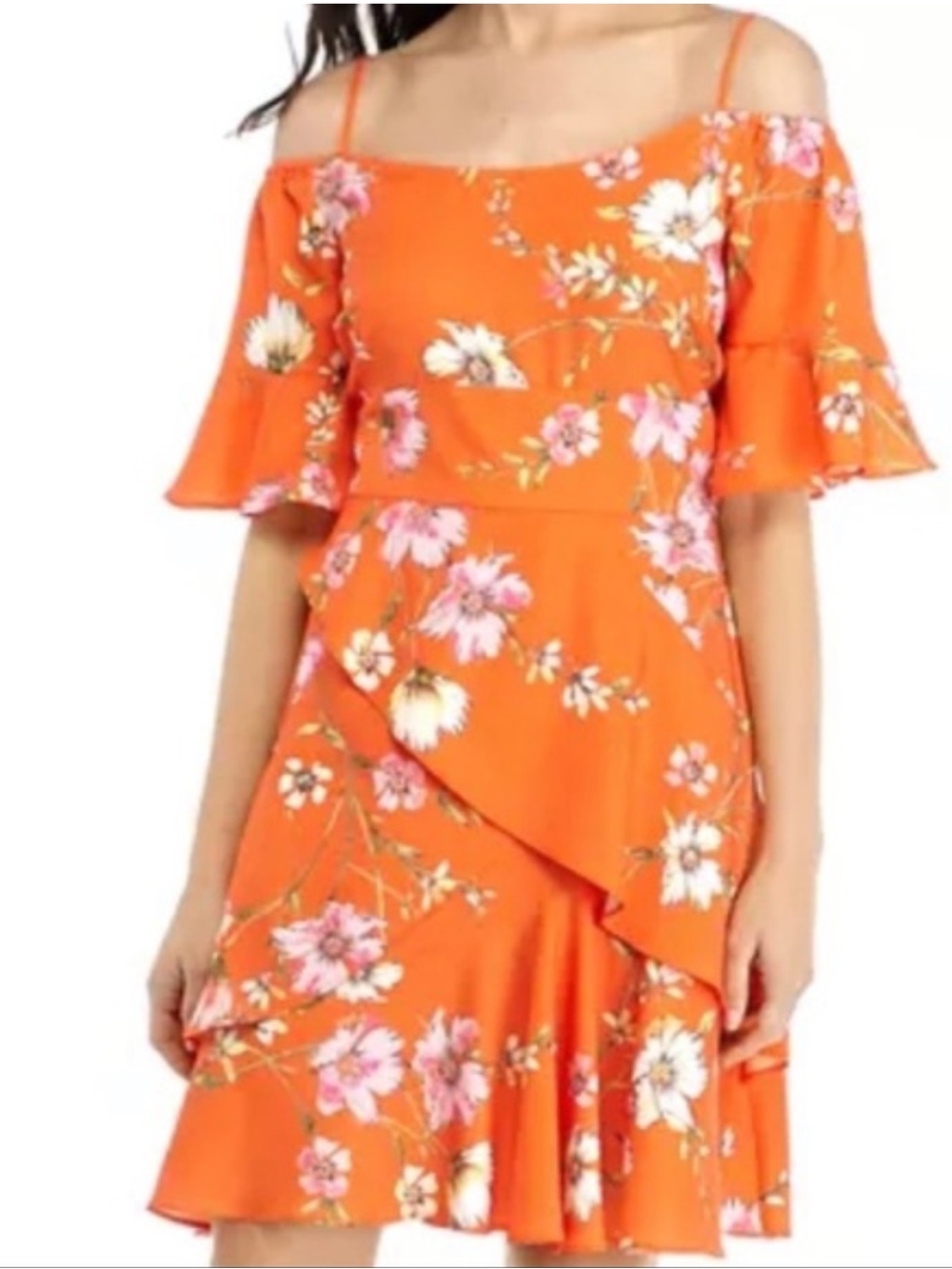Orange Floral Cold-Shoulder Ruffle Dress
